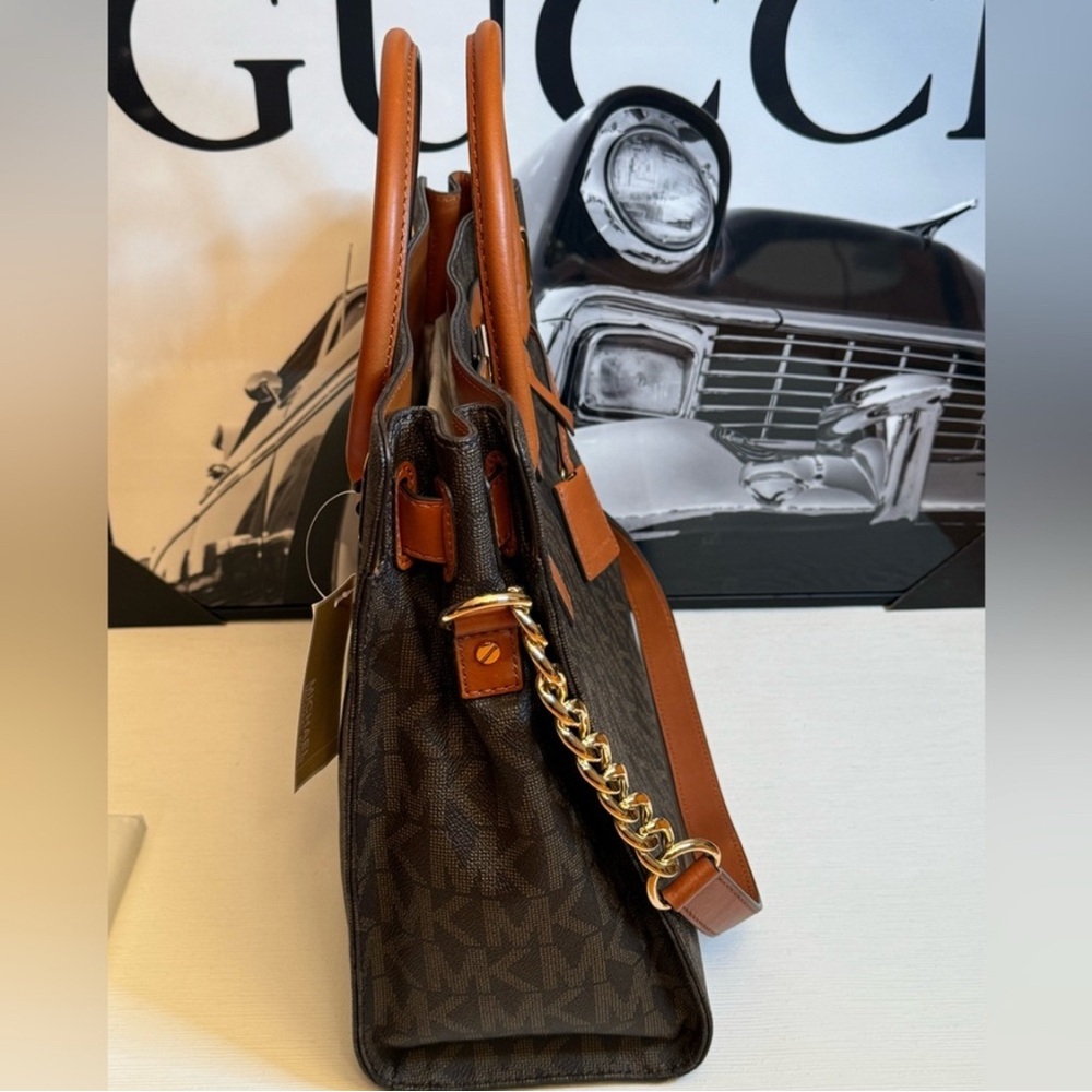 Michael Kors Hamilton Brown & Tan Satchel with Gold Accents and matching wallet - Picture 5 of 14